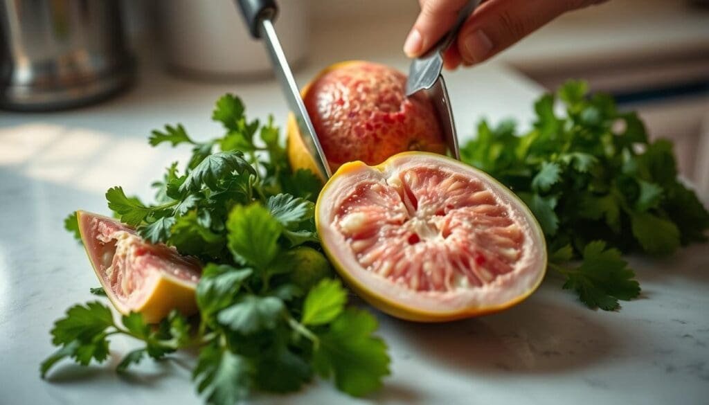 Prepping guava for smoothie